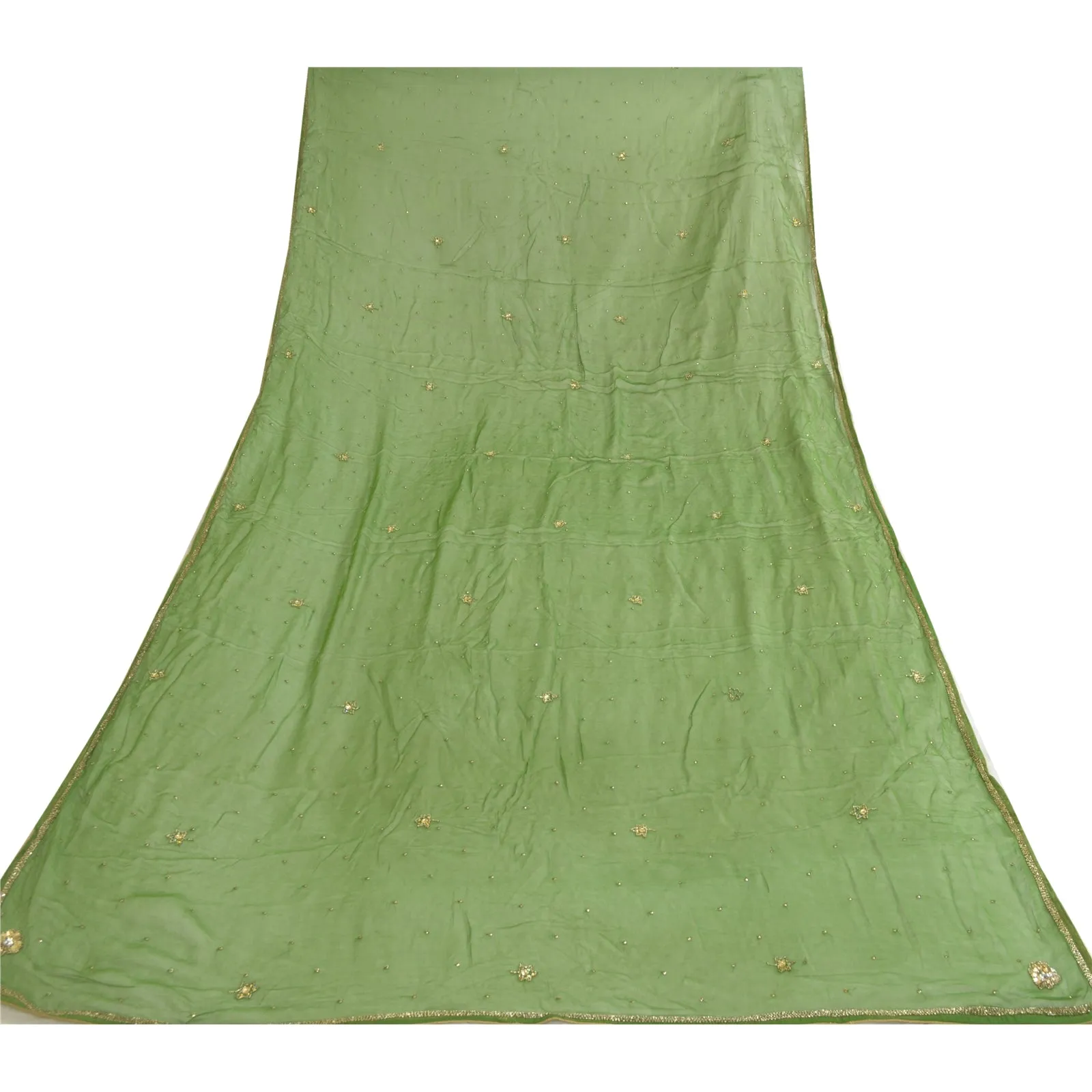 Sanskriti Vintage Long Green Dupatta/Stole Pure Chiffon Silk Hand Beaded Scarves