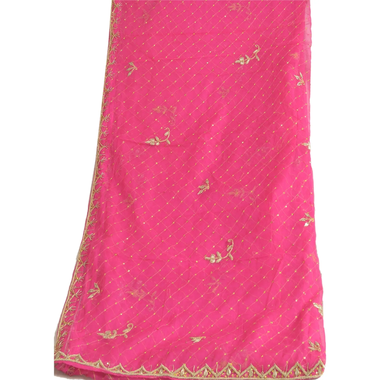 Sanskriti Vintage Long Pink Dupatta/Stole Pure Chiffon Silk Hand Beaded Scarves