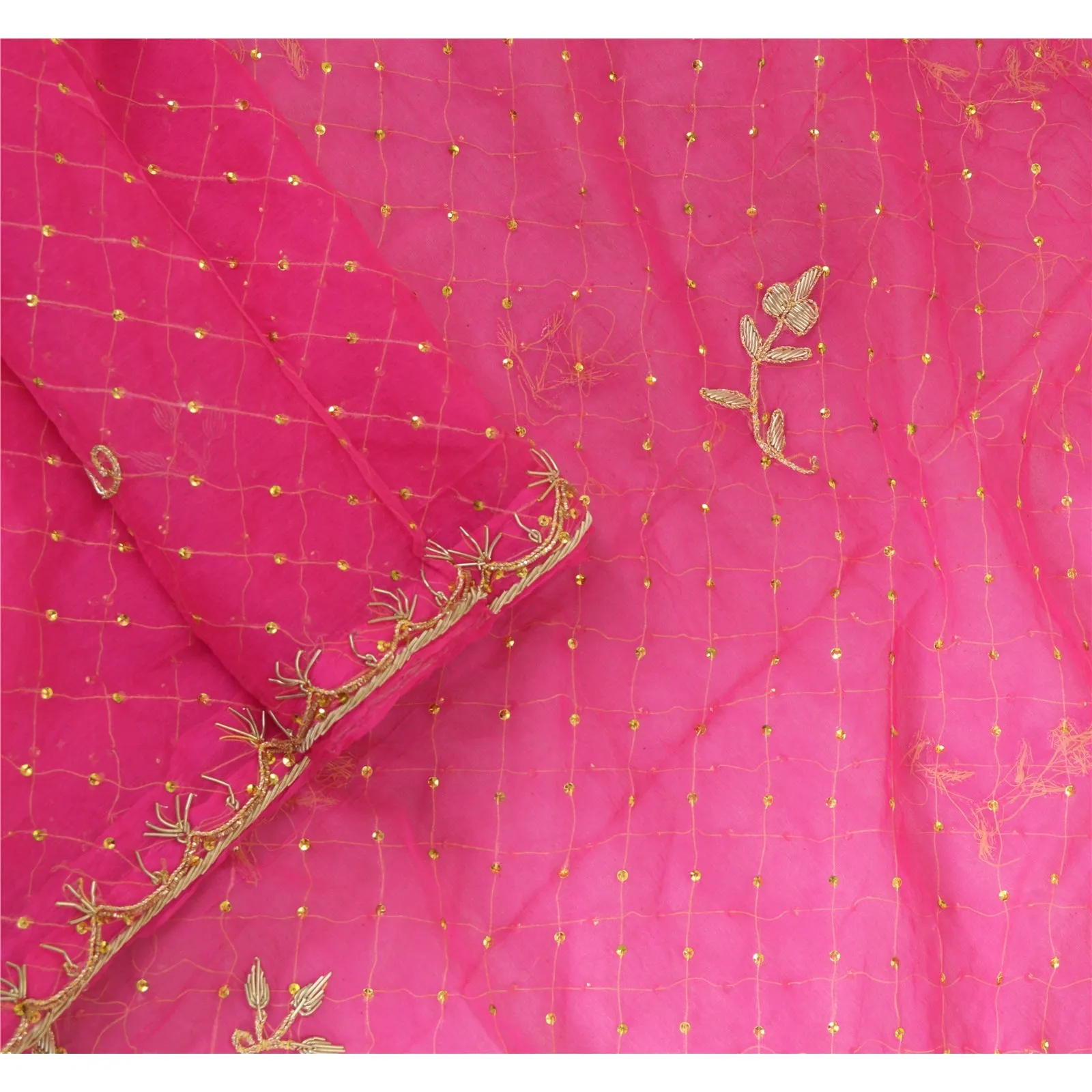 Sanskriti Vintage Long Pink Dupatta/Stole Pure Chiffon Silk Hand Beaded Scarves