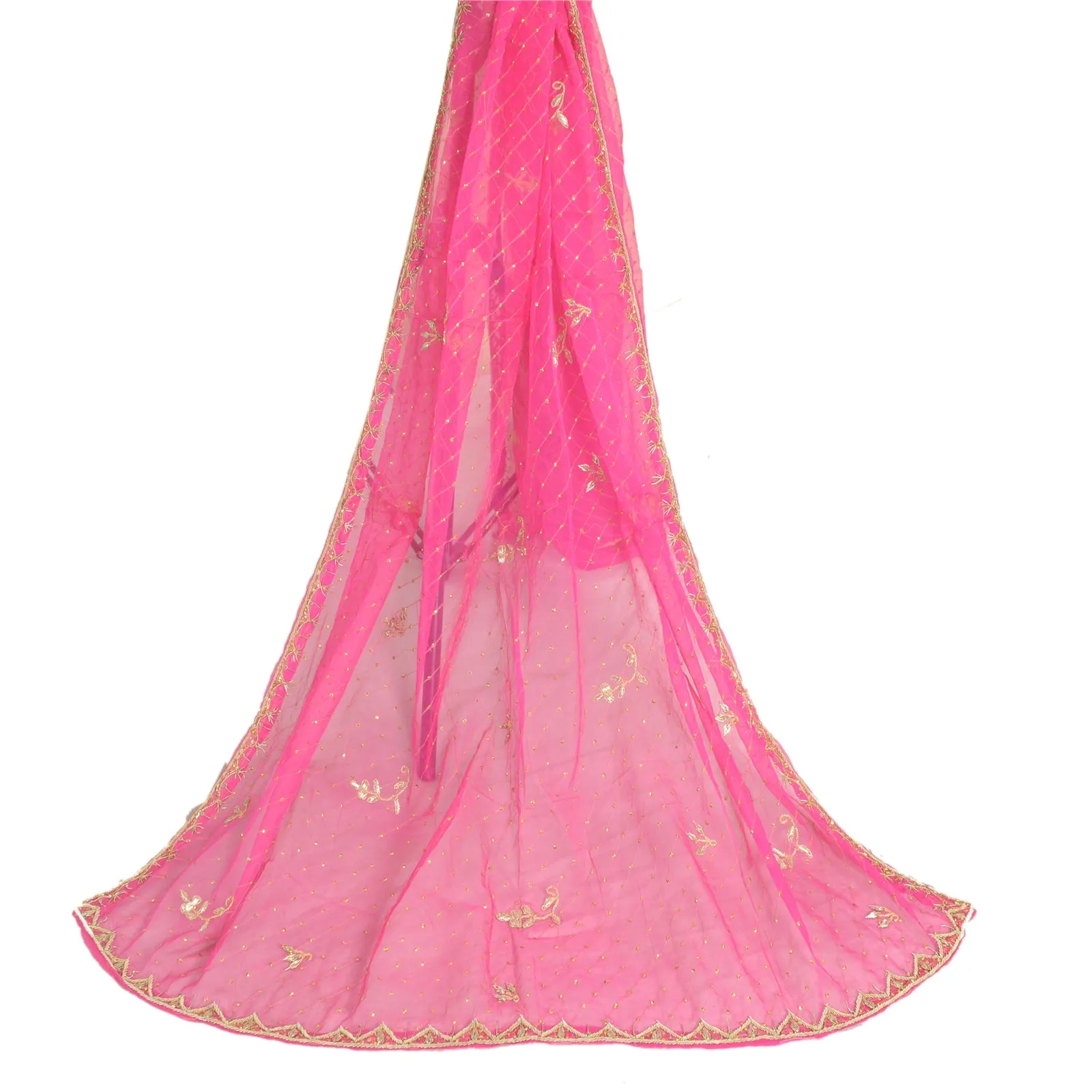 Sanskriti Vintage Long Pink Dupatta/Stole Pure Chiffon Silk Hand Beaded Scarves