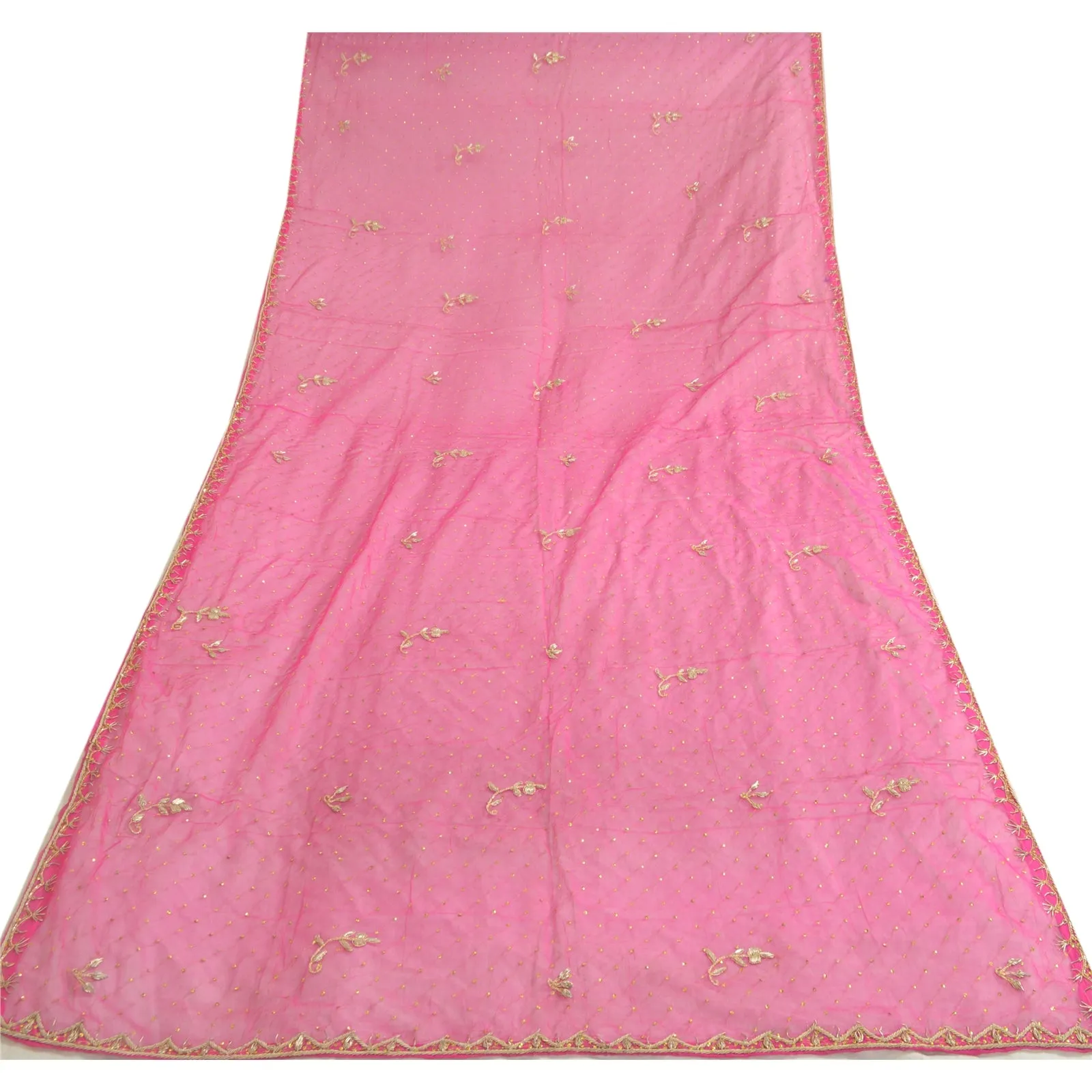 Sanskriti Vintage Long Pink Dupatta/Stole Pure Chiffon Silk Hand Beaded Scarves