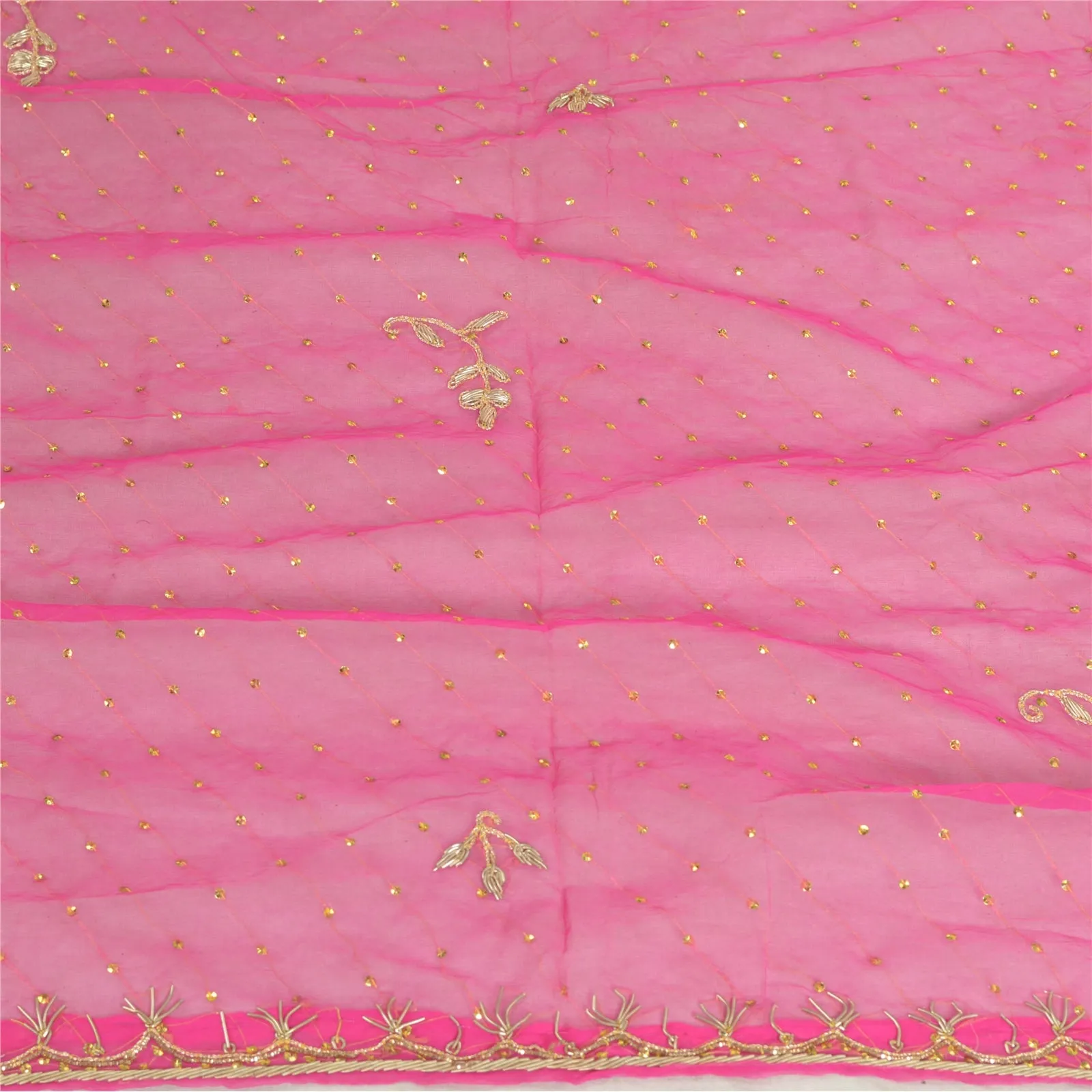 Sanskriti Vintage Long Pink Dupatta/Stole Pure Chiffon Silk Hand Beaded Scarves