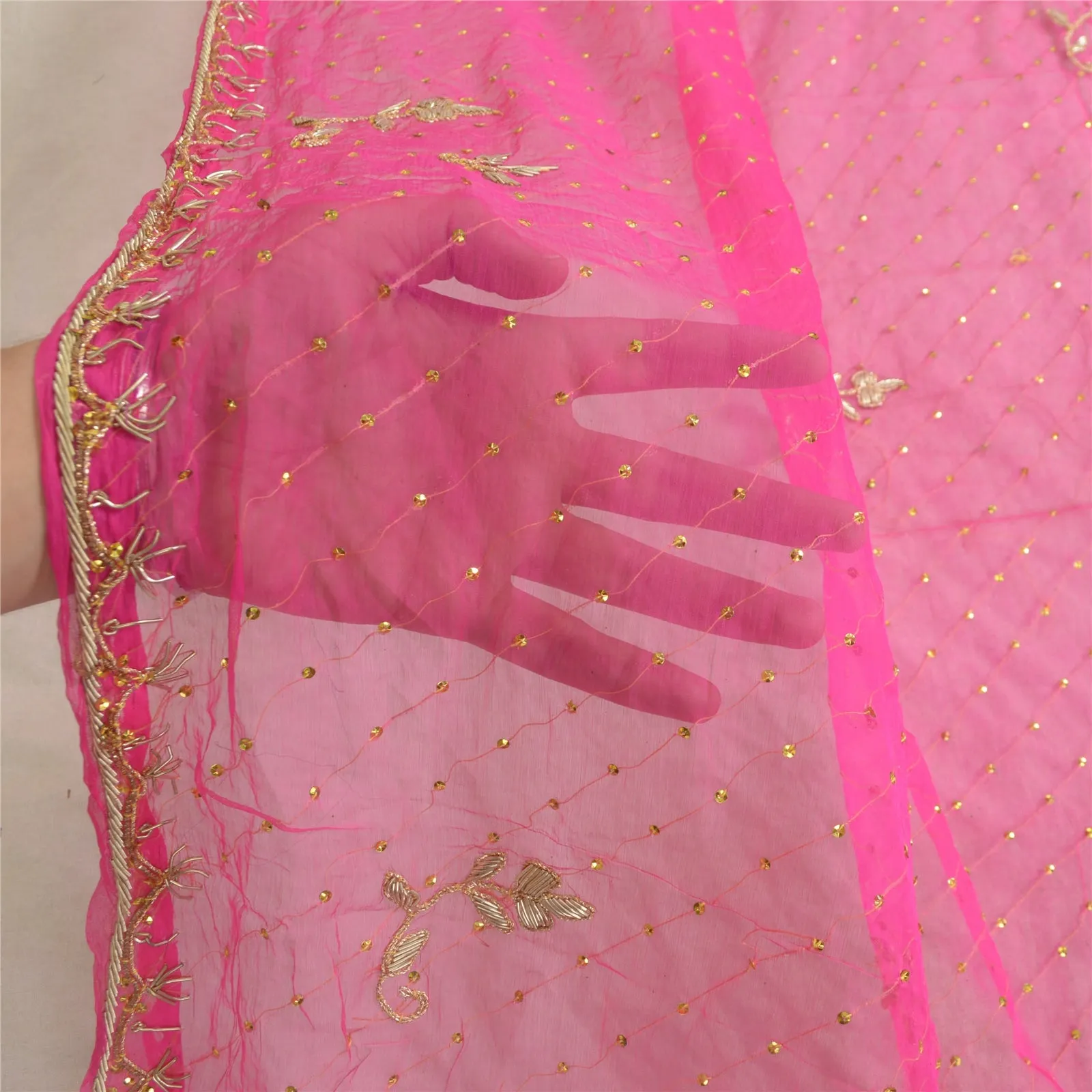 Sanskriti Vintage Long Pink Dupatta/Stole Pure Chiffon Silk Hand Beaded Scarves