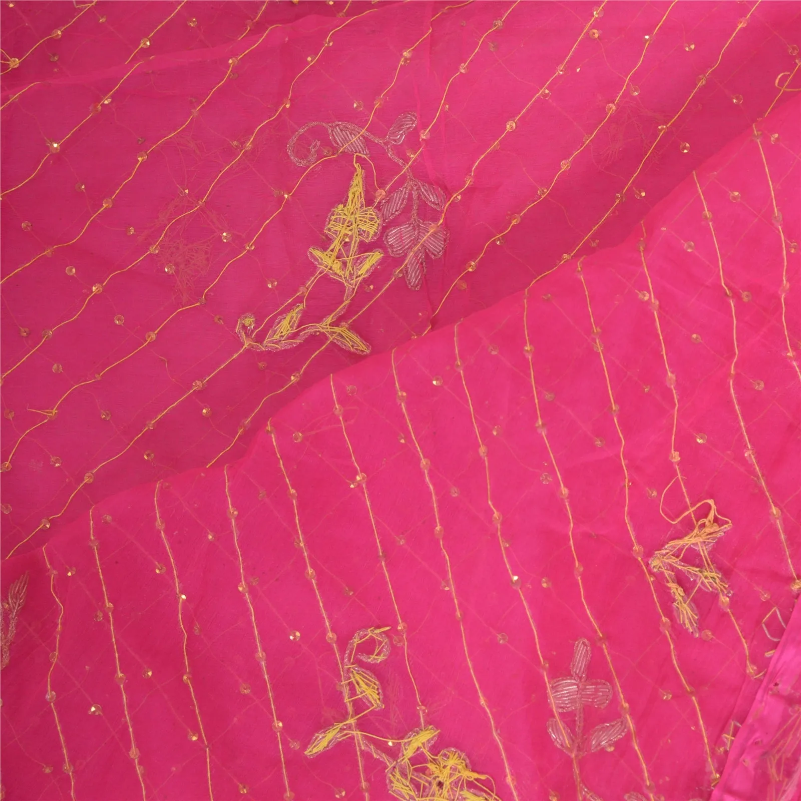 Sanskriti Vintage Long Pink Dupatta/Stole Pure Chiffon Silk Hand Beaded Scarves