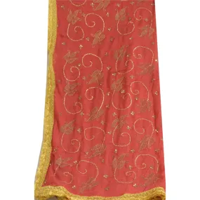 Sanskriti Vintage Long Red Dupatta/Stole Pure Chiffon Silk Hand Beaded Scarves