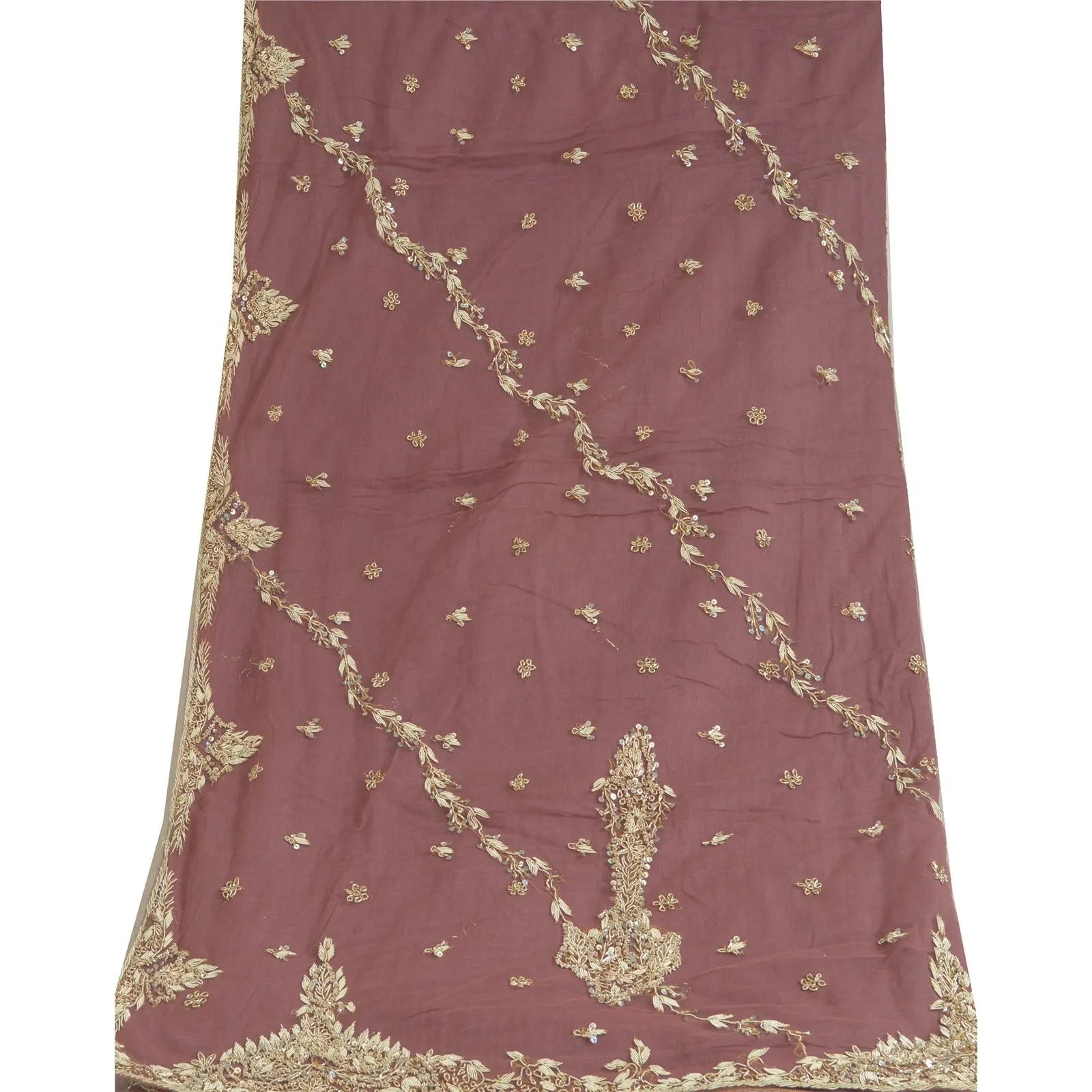 Sanskriti Vintage Mauve Long Dupatta Stole Net Mesh Veil Hand Beaded Scarves