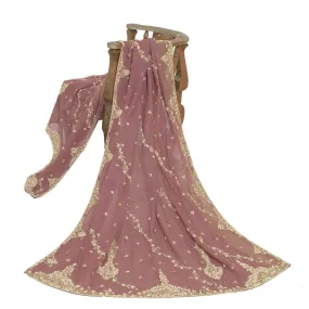 Sanskriti Vintage Mauve Long Dupatta Stole Net Mesh Veil Hand Beaded Scarves