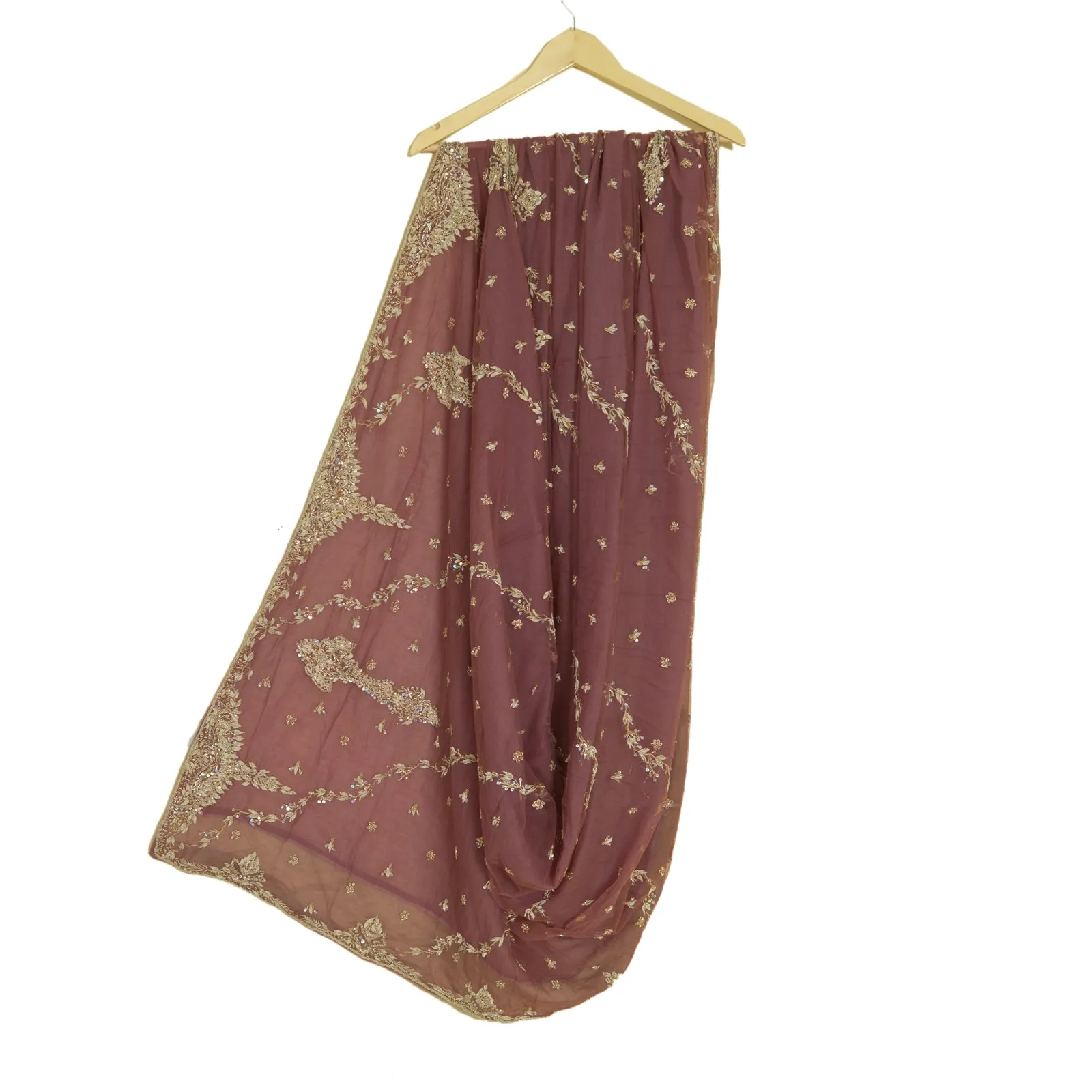 Sanskriti Vintage Mauve Long Dupatta Stole Net Mesh Veil Hand Beaded Scarves