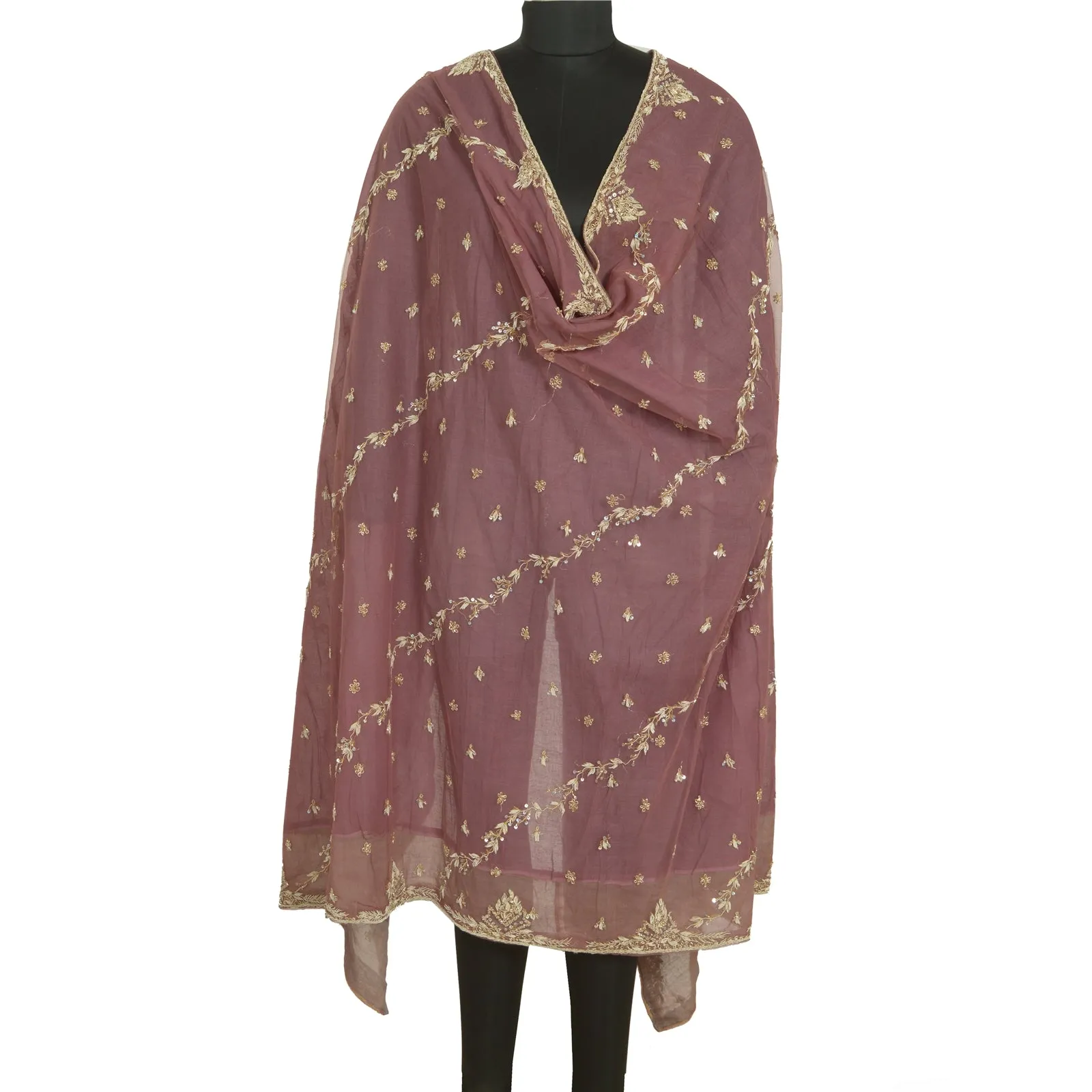 Sanskriti Vintage Mauve Long Dupatta Stole Net Mesh Veil Hand Beaded Scarves