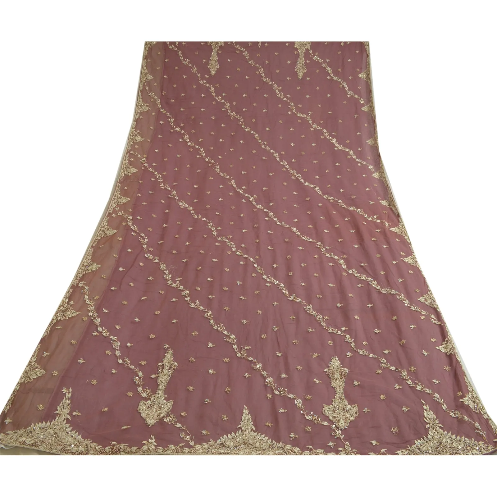 Sanskriti Vintage Mauve Long Dupatta Stole Net Mesh Veil Hand Beaded Scarves