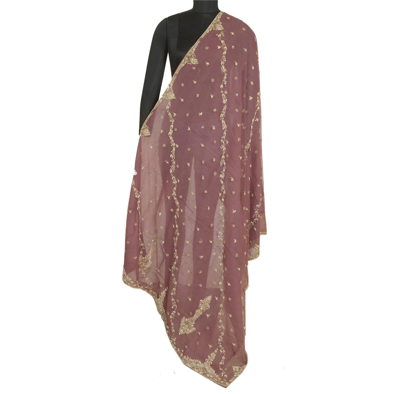 Sanskriti Vintage Mauve Long Dupatta Stole Net Mesh Veil Hand Beaded Scarves