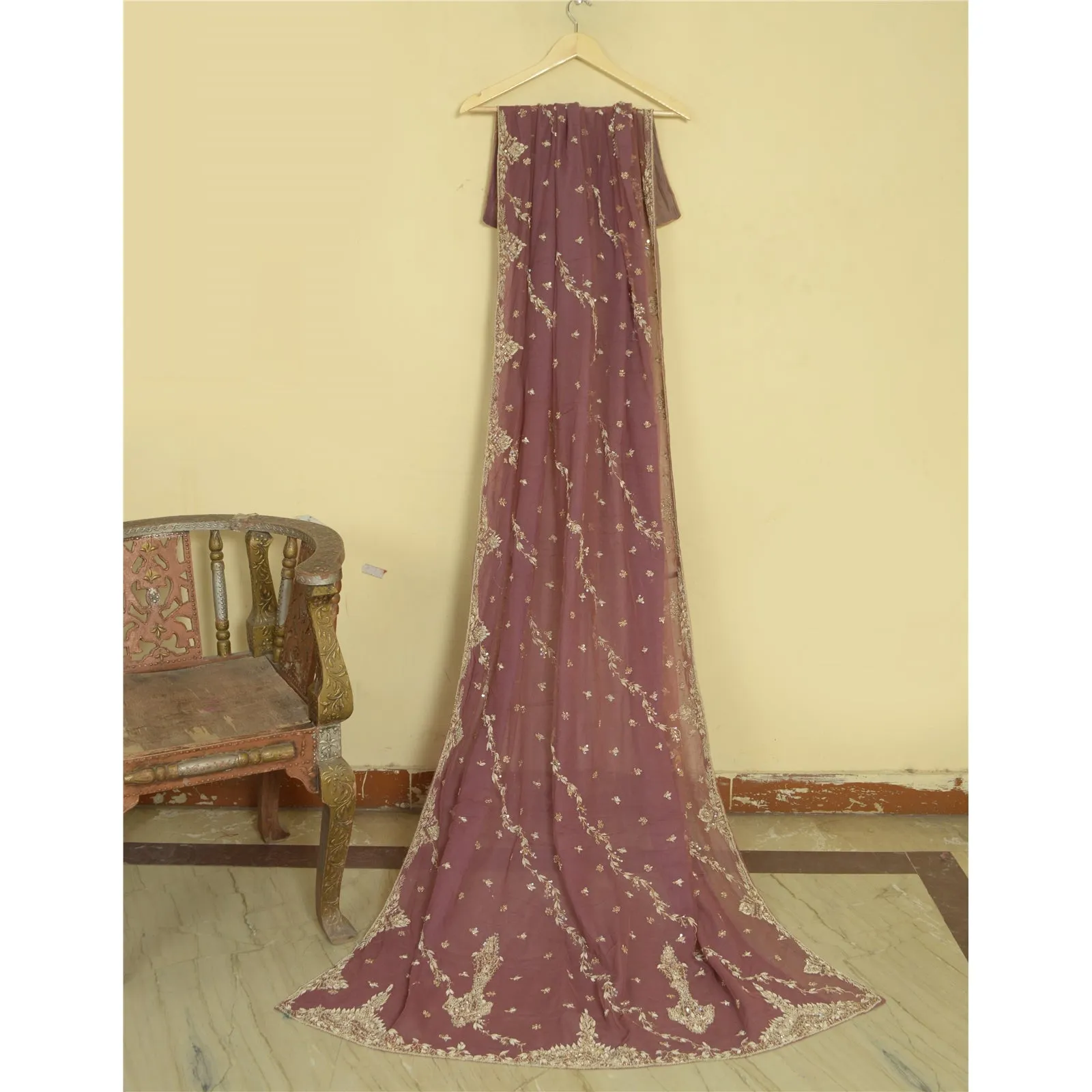 Sanskriti Vintage Mauve Long Dupatta Stole Net Mesh Veil Hand Beaded Scarves