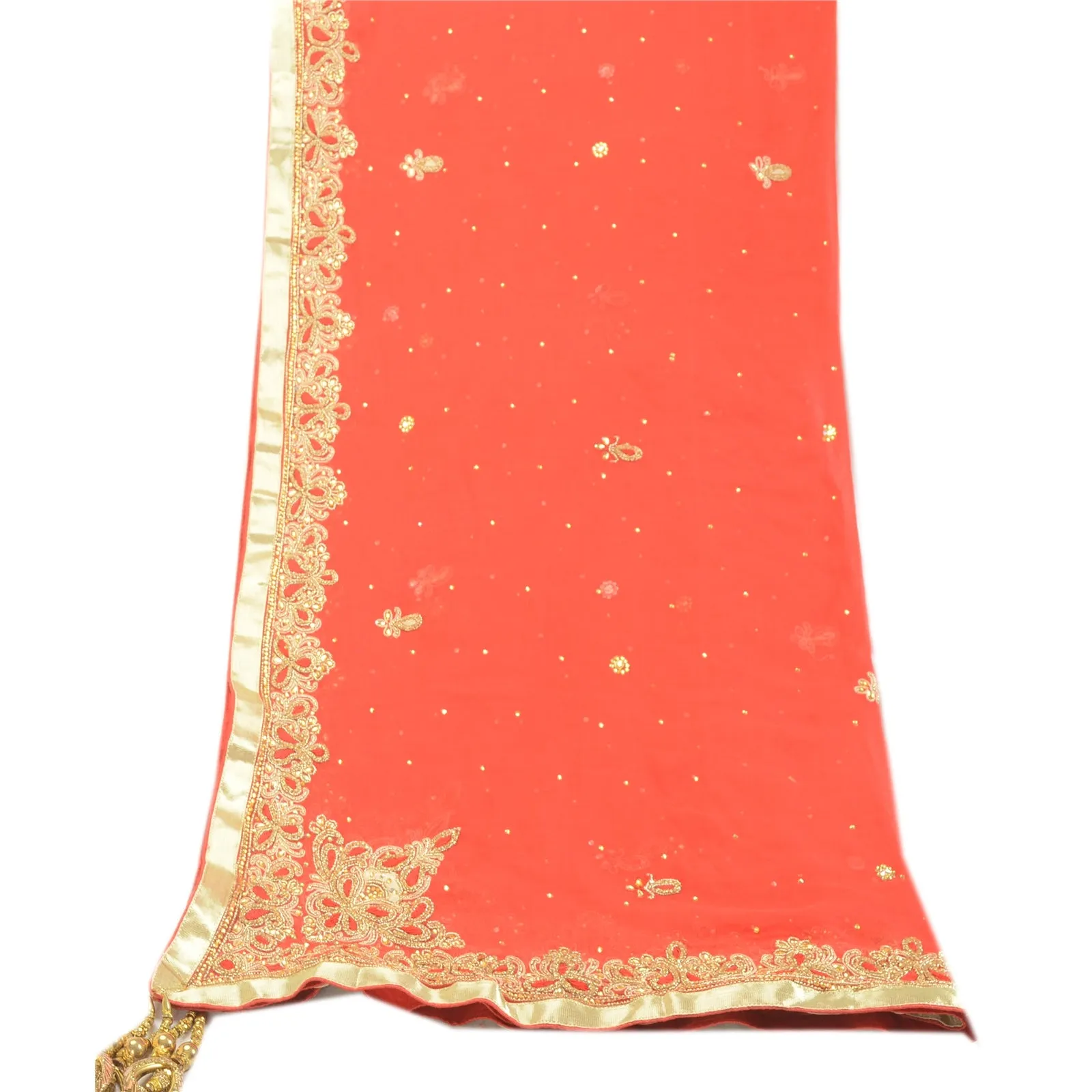 Sanskriti Vintage Red Long Dupatta Stole Pure Chiffon Silk Hand Beaded Scarves