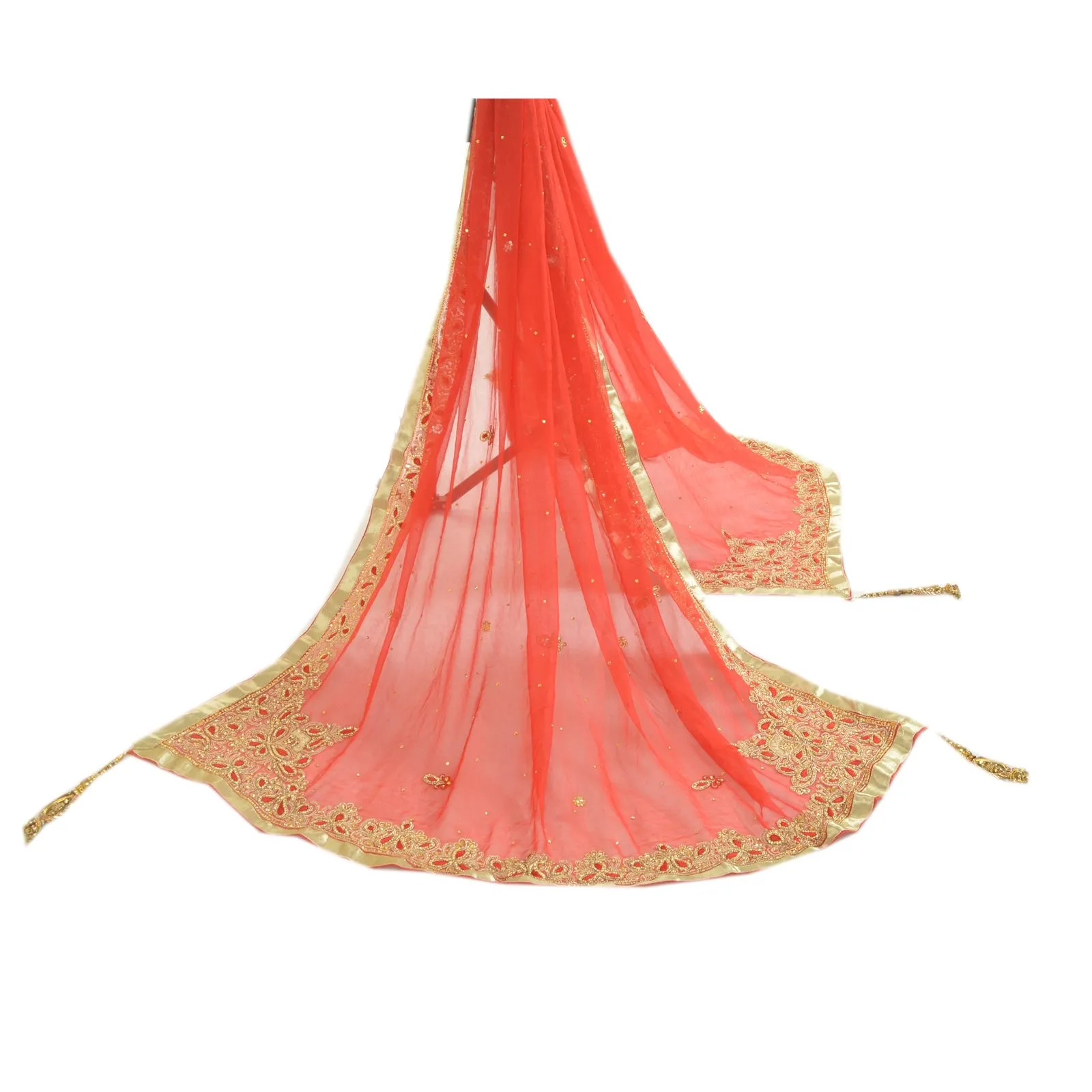 Sanskriti Vintage Red Long Dupatta Stole Pure Chiffon Silk Hand Beaded Scarves