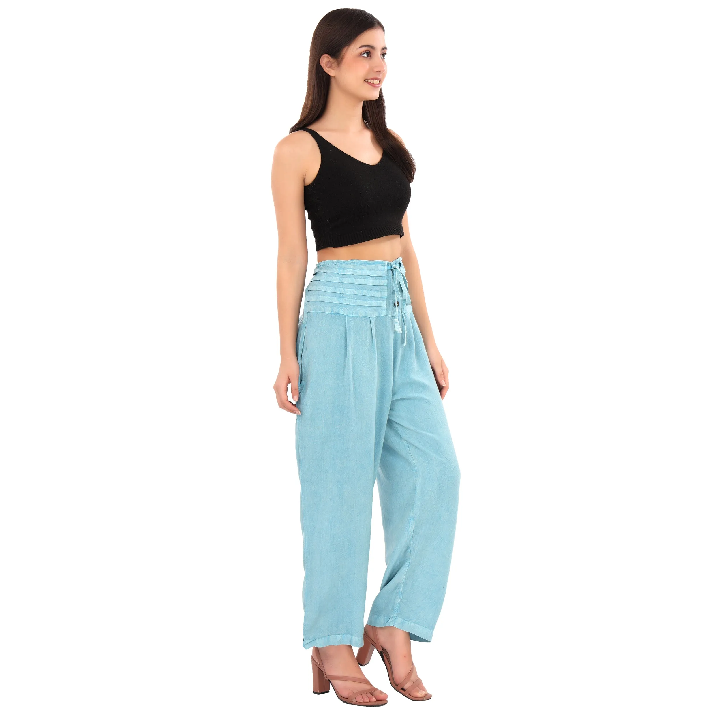 Skirts N Scarves Lightweight Straight Pants with Pleated Waist Belt and Drawstring