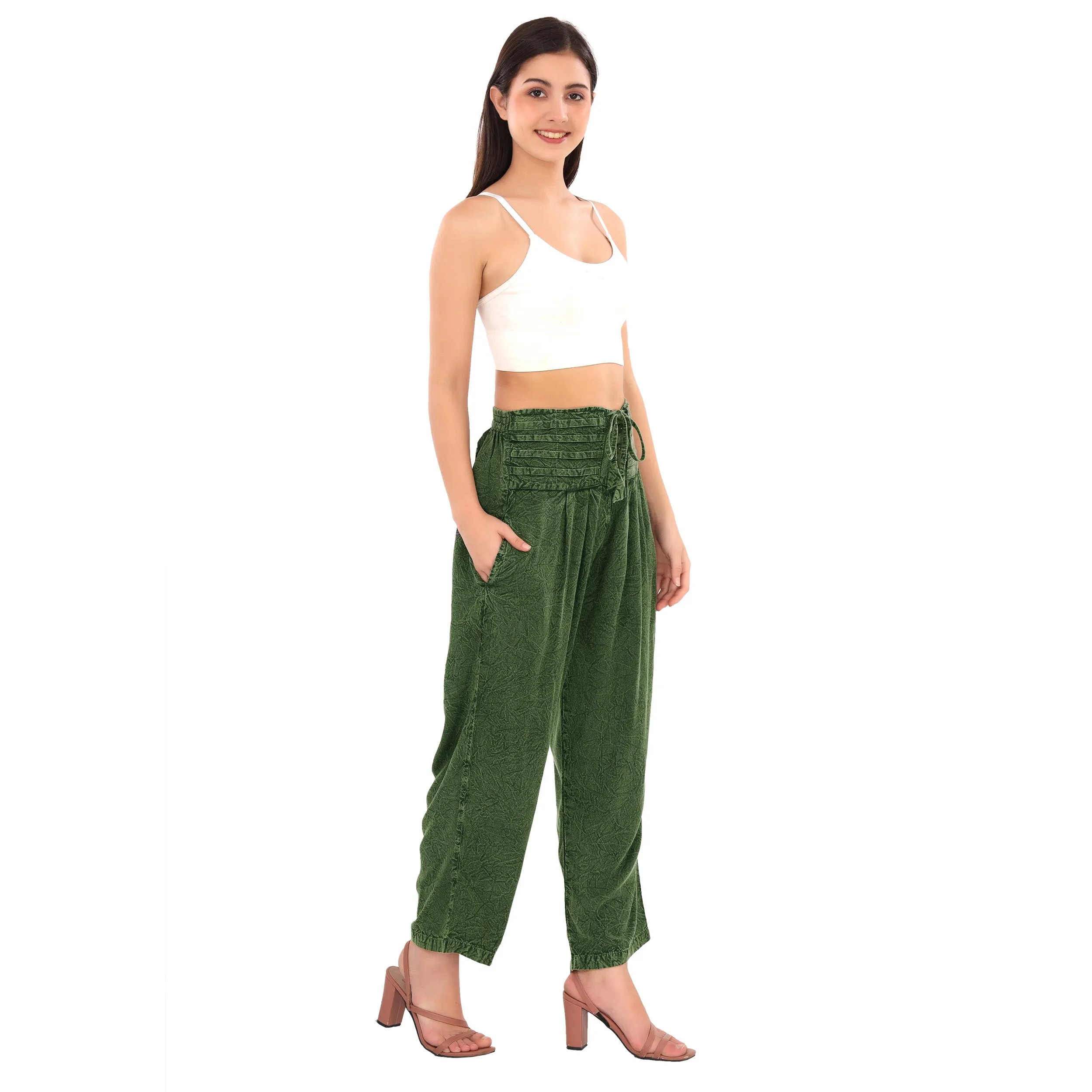 Skirts N Scarves Lightweight Straight Pants with Pleated Waist Belt and Drawstring