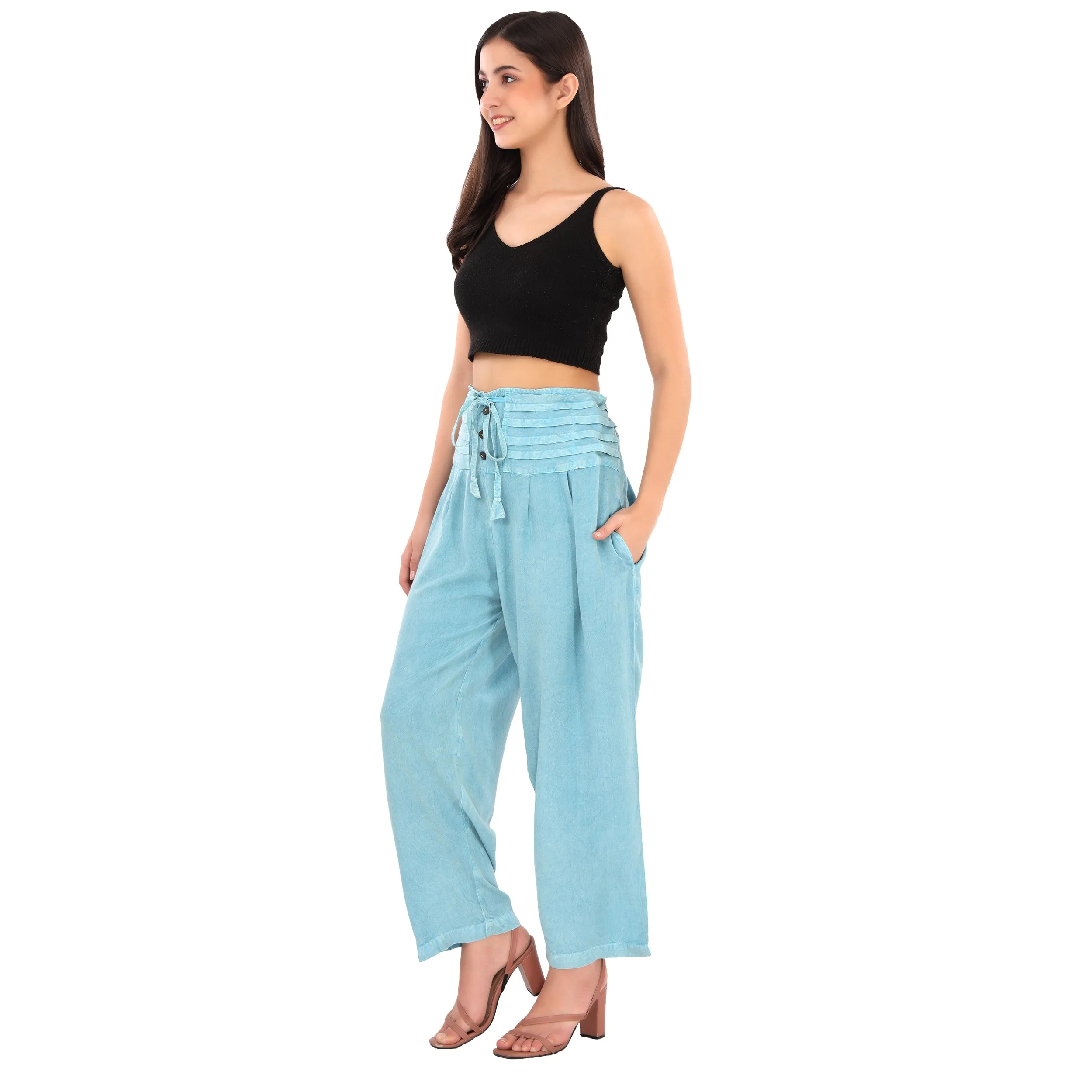 Skirts N Scarves Lightweight Straight Pants with Pleated Waist Belt and Drawstring