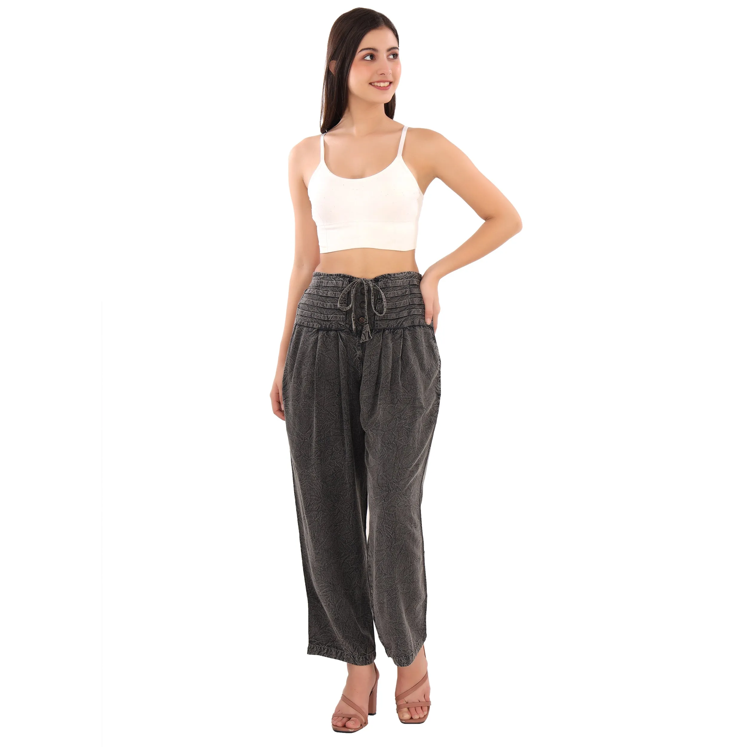 Skirts N Scarves Lightweight Straight Pants with Pleated Waist Belt and Drawstring