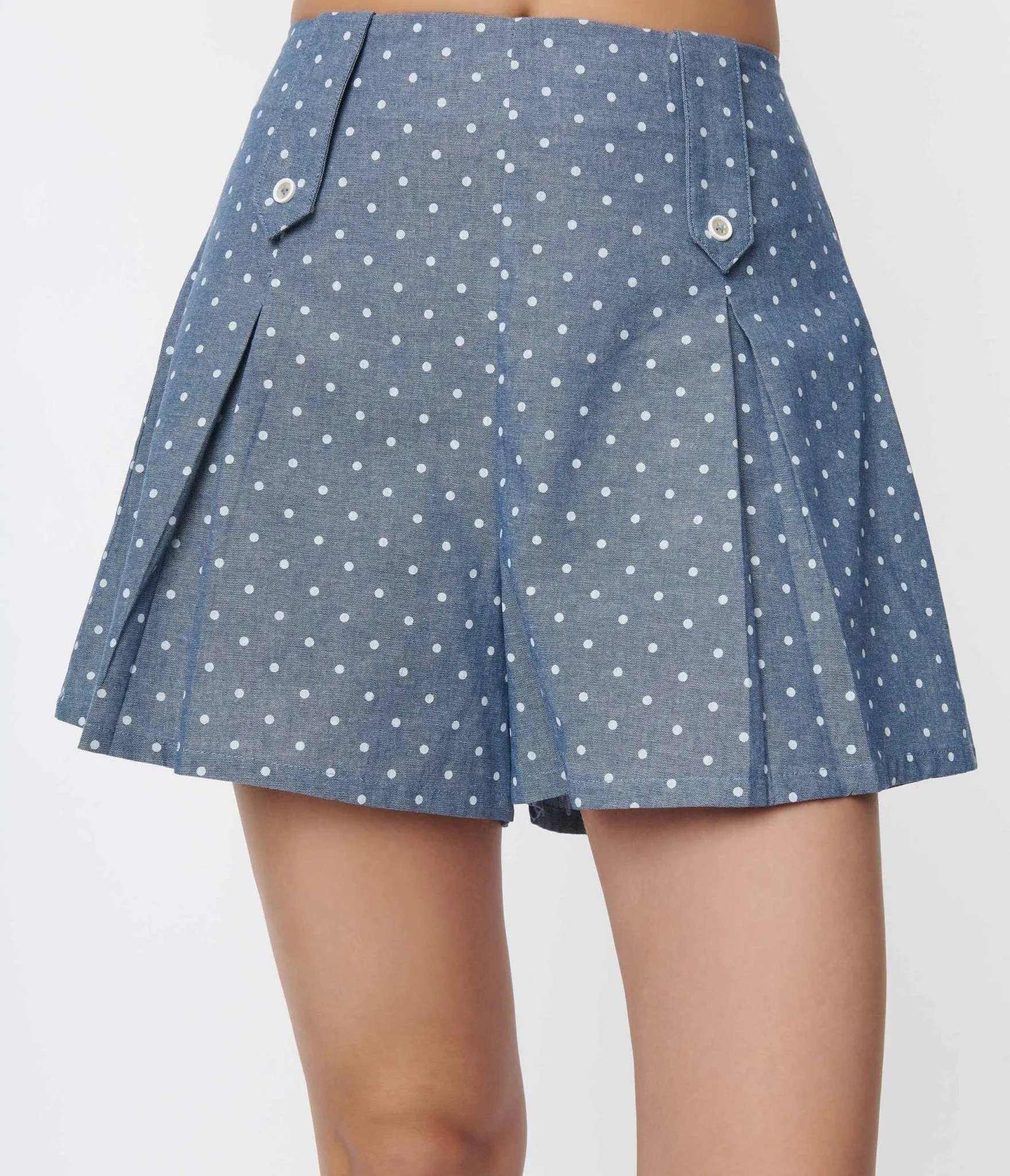 Smak Parlour Chambray & White Polka Dot Box Pleated Shorts