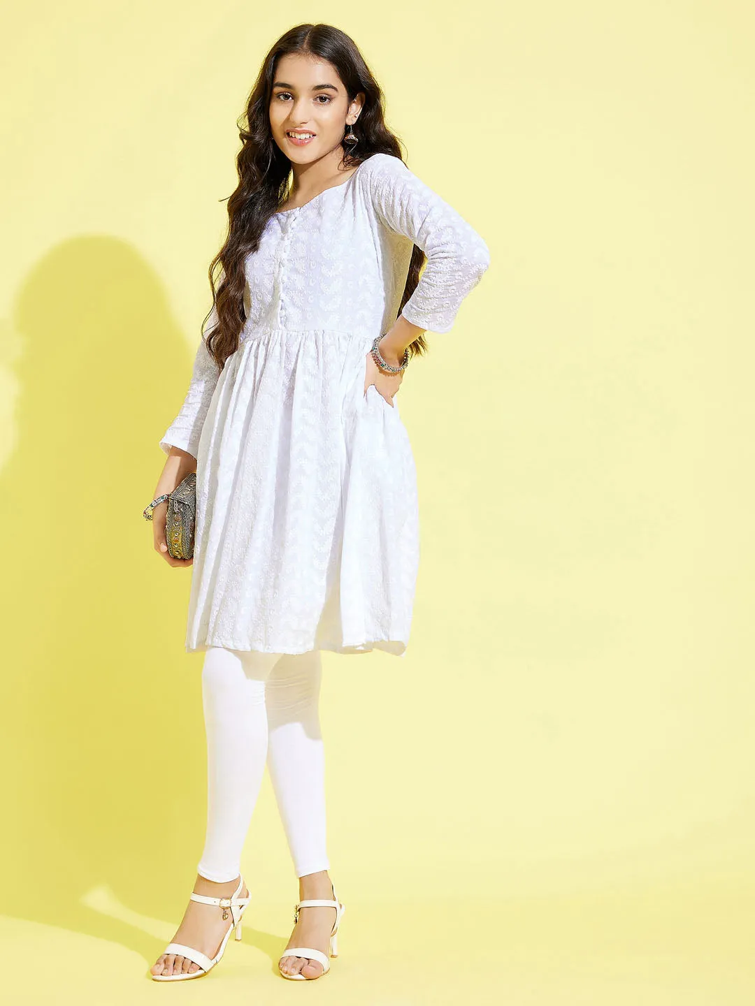 VASTRAMAY Girl's White Pure Cotton Chikankari kurta With Leggings Set