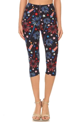 Womens Regular 4th of July Fireworks American Flag Printed Cropped Capri Legging